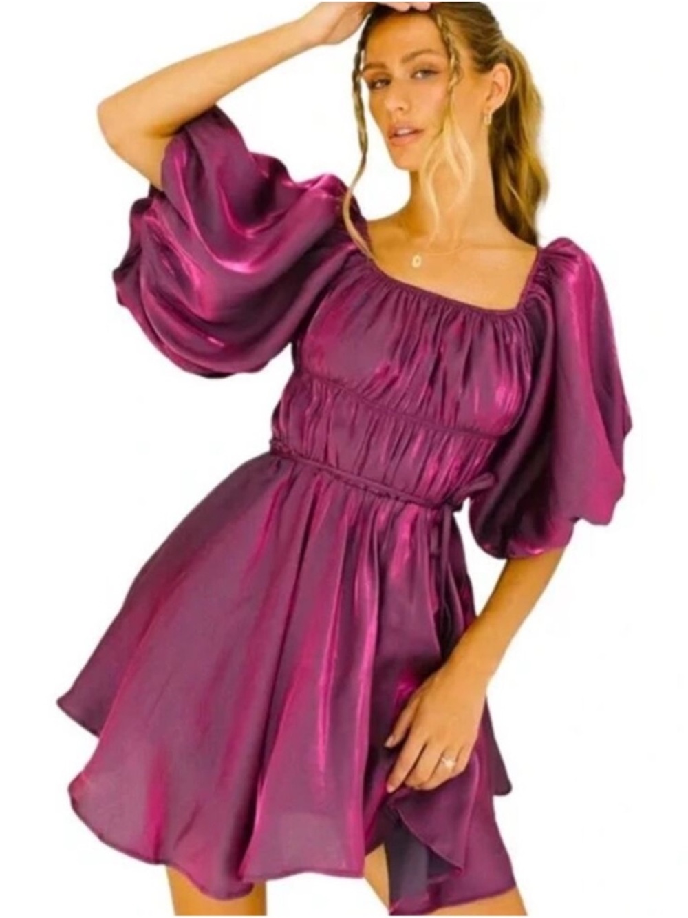 Altar'd State Amabella Shiny Puff-Sleeve Mini Dress